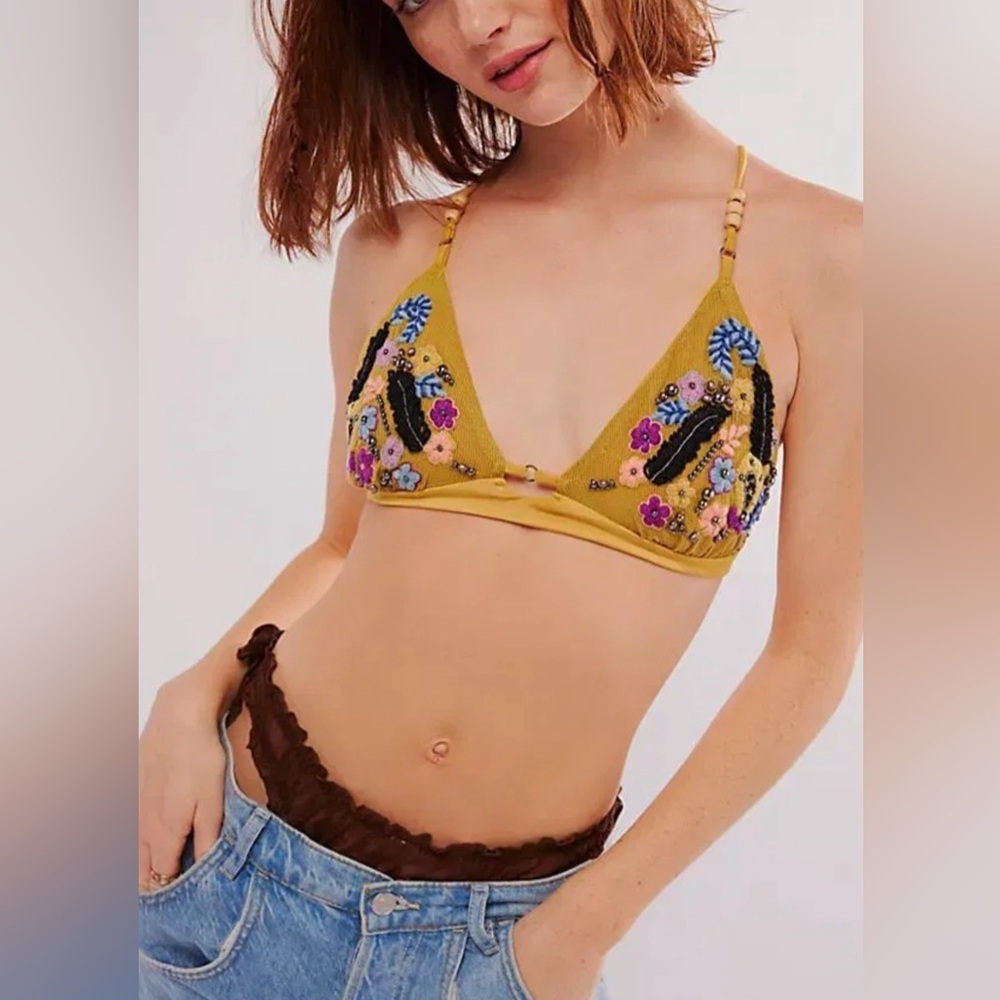 New Free People, Calla Embellished Mesh Triangle Bralette, Medium in Mustard